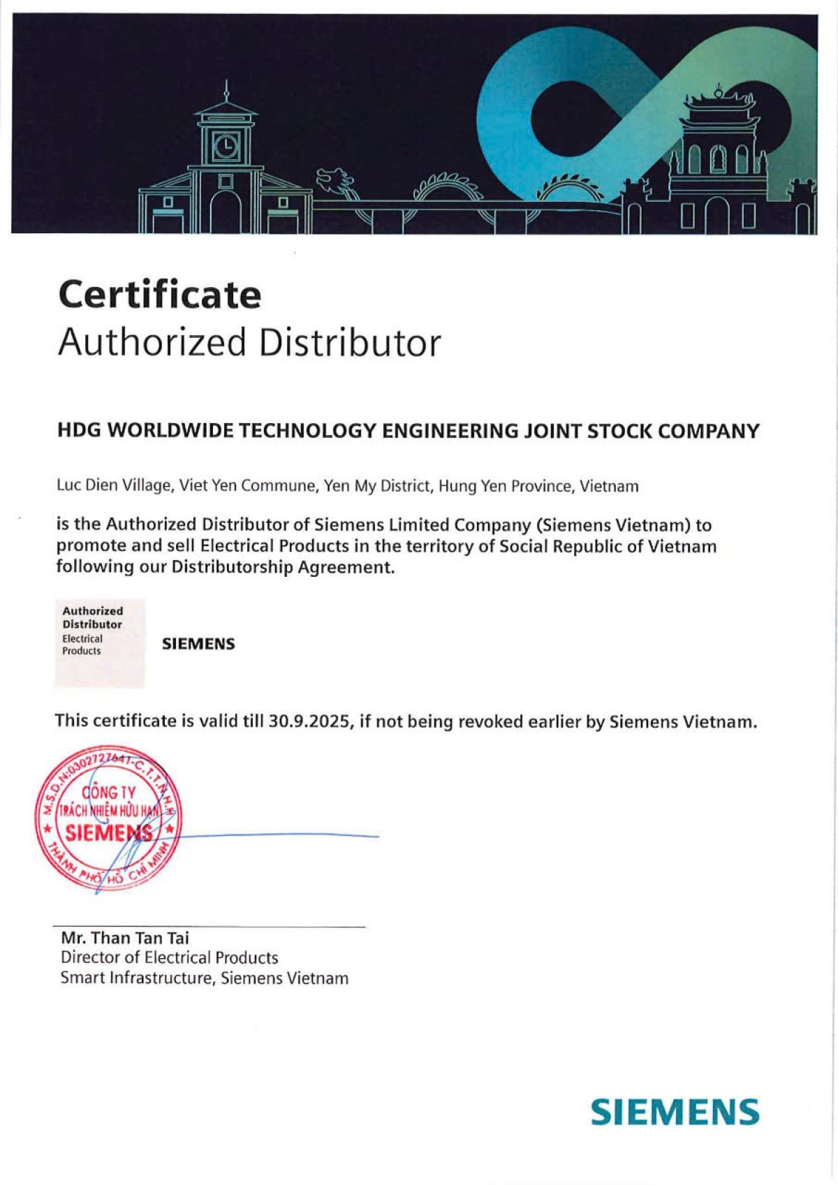 HDG Global Technology Engineering Joint Stock Company has become a distributor of Siemens electrical equipment in Vietnam