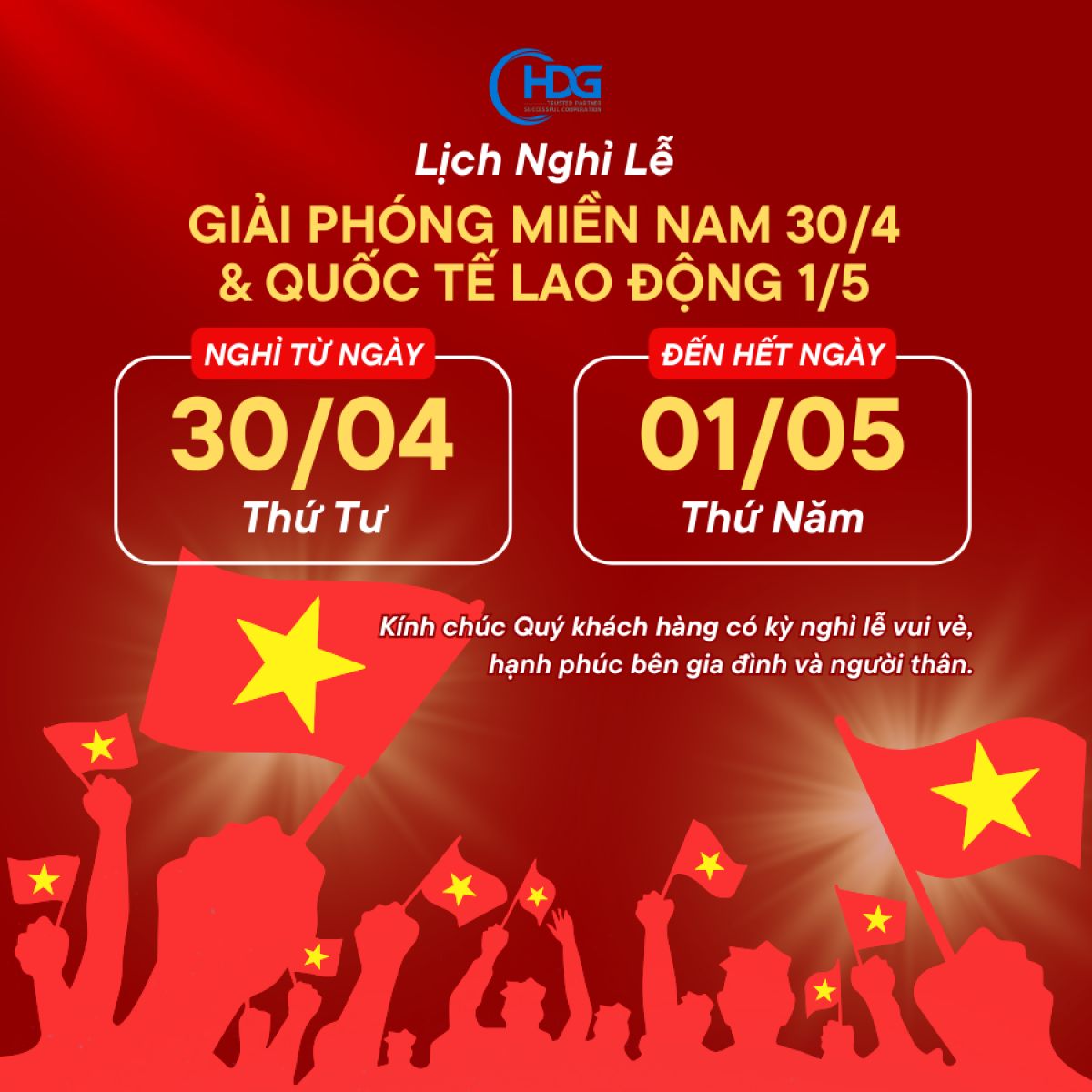 THÔNG BÁO LỊCH NGHỈ LỄ 30/4 - 01/05