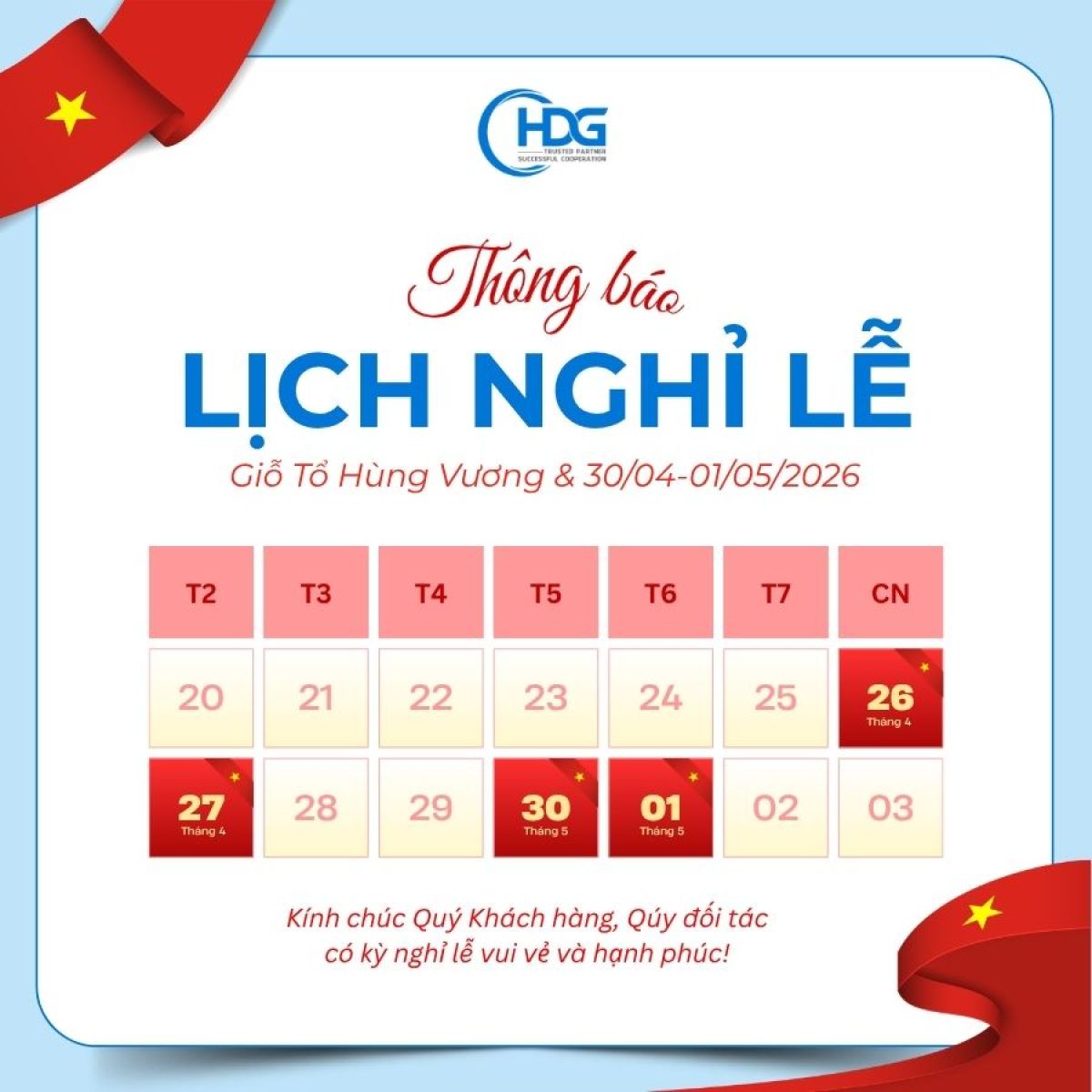 Th&ocirc;ng b&aacute;o lịch nghỉ lễ Giỗ Tổ H&ugrave;ng Vương v&agrave; 30/4 - 1/5